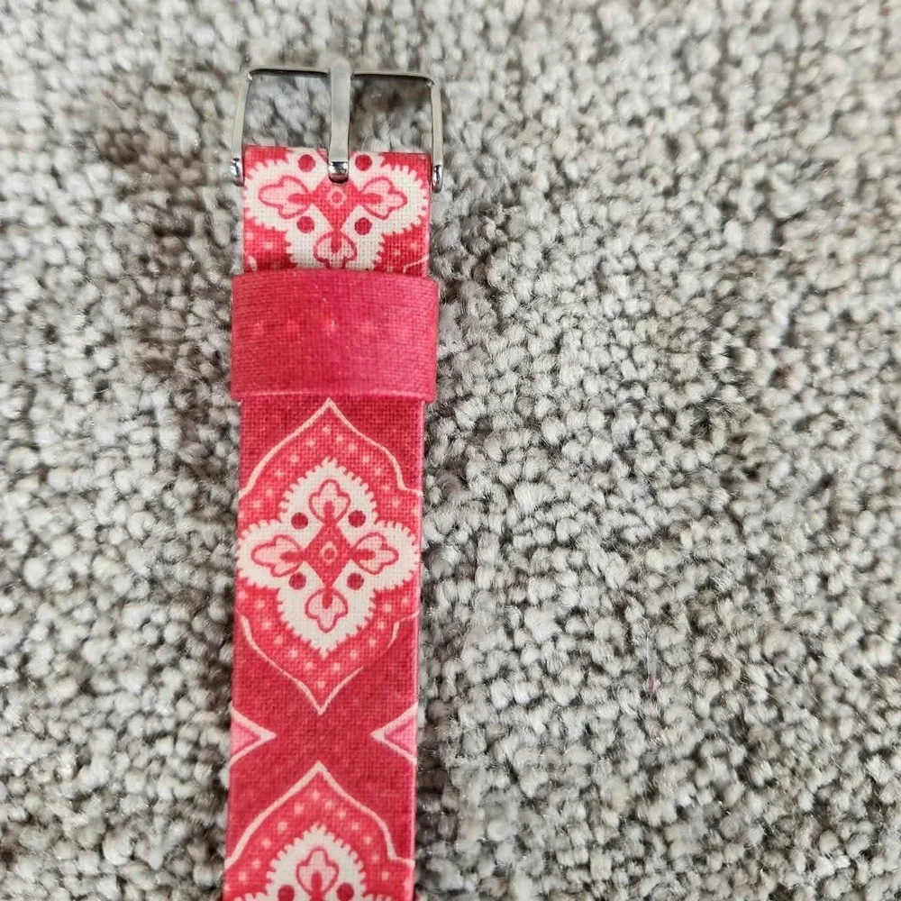 Vera Bradley Watch Red White Patterned Strap Silver Tone Bezel Womens